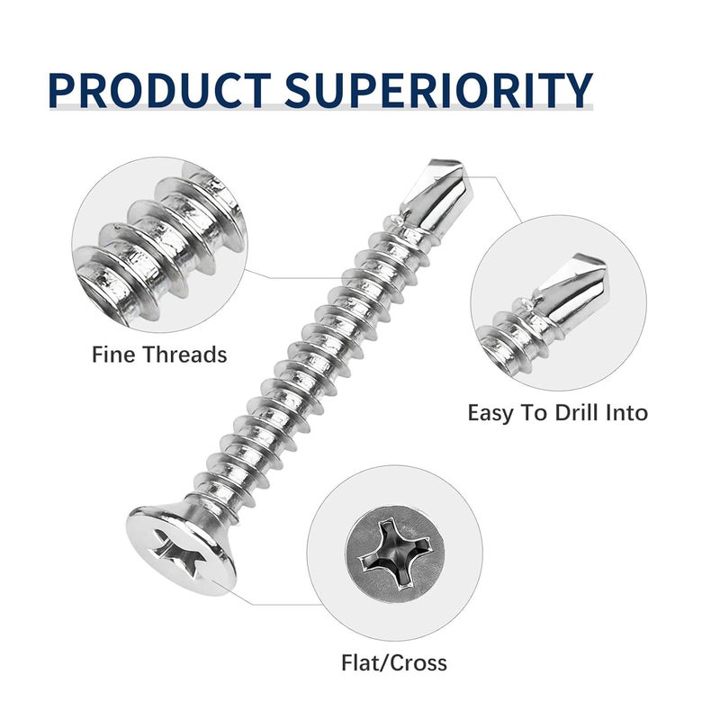 HEXPHANT #8 x 3/4" (100 Pack) Flat Head Phillips Drive Sheet Metal Screws, Stainless Steel 410 Self Drilling Screws,Countersun Head Fast Self-Tapping Screws for Metal, Plastic, Wood - Image 4